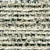 Woven tweed fabric, off-white and black, displays a vertical-horizontal thread pattern with a nubby texture and subtle grid structure.